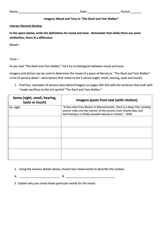 Literary Review Worksheet - Imagery, Mood And Tone In "The Devil And Tom Walker" Printable pdf