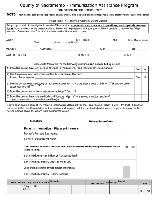County Of Sacramento - Immunization Assistance Program Form Printable pdf
