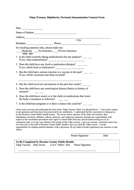Tdap Vaccination Consent Form Printable pdf
