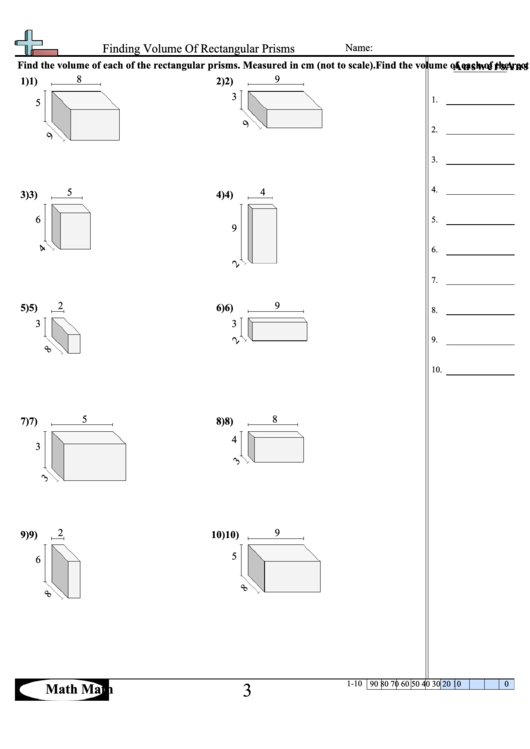 Finding Volume Of Rectangular Prisms Worksheet printable pdf download