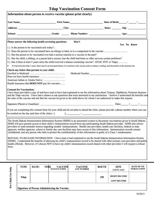 Tdap Vaccination Consent Form - South Dakota Printable pdf