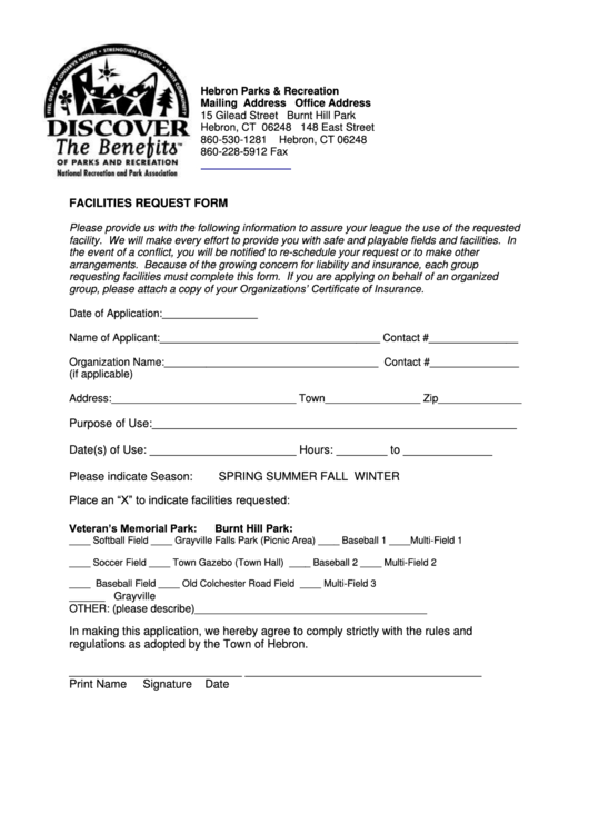 Facility Request Form Printable pdf
