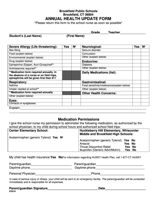 Annual Health Update Form Printable pdf