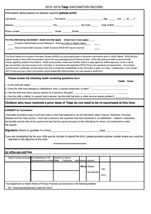 South Dakota - Tdap Vaccination Record Form Printable pdf