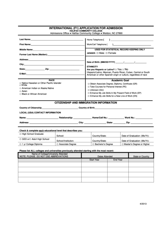 Fillable Form F1 - Application For Admission Printable pdf