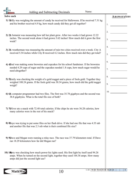 Adding And Subtracting Decimals Worksheet Printable pdf