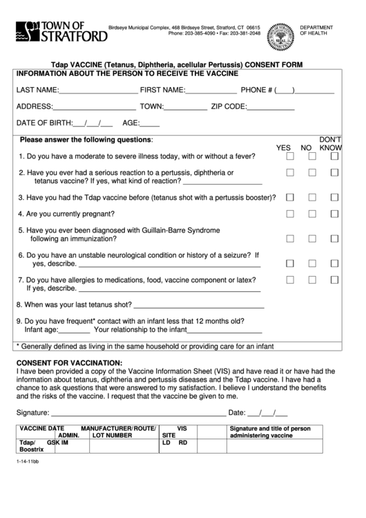Tdap Consent Form - Town Of Stratford - Connecticut Printable pdf