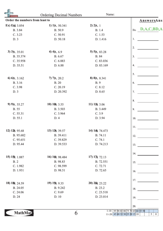 Ordering Decimal Number Worksheet Printable pdf
