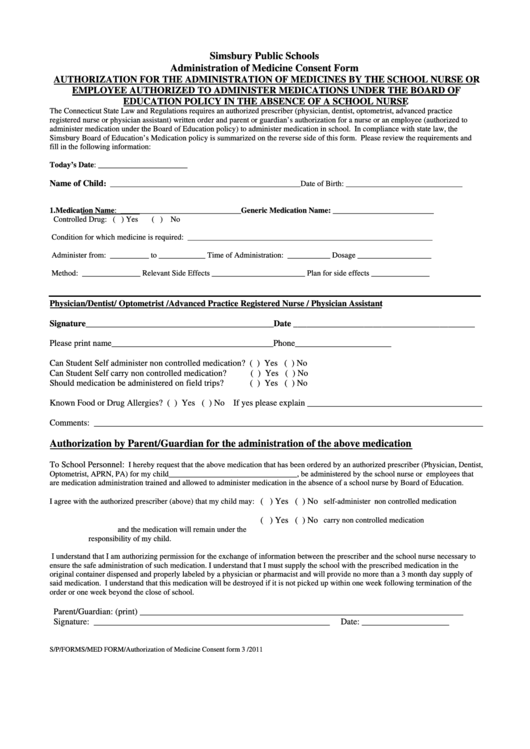Administration Of Medical Consent Form - Medication Policy - Simsbury Printable pdf