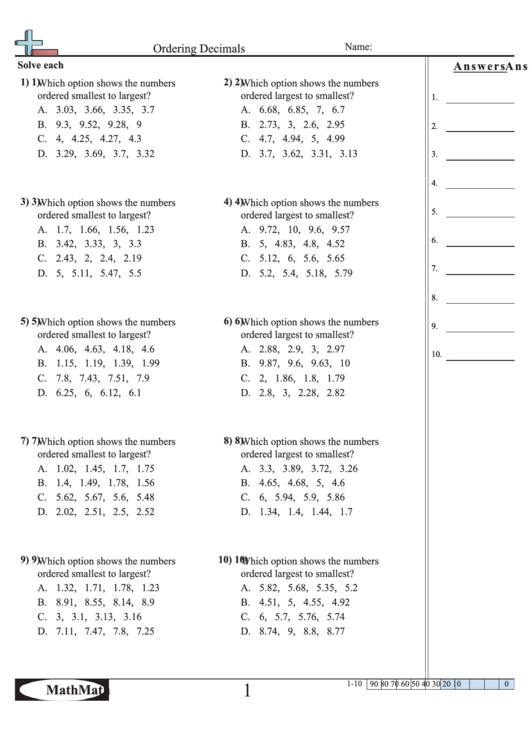 ordering decimals worksheet printable pdf download