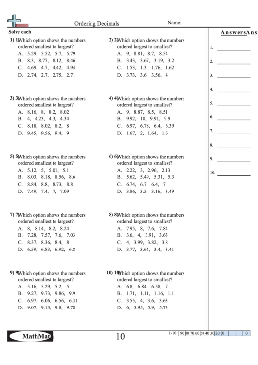 Ordering Decimals Worksheet Printable pdf