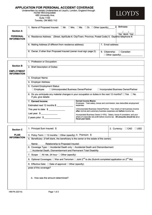 Application Form For Personal Accident Coverage Printable pdf