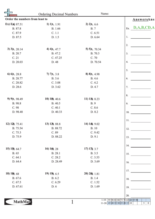 Ordering Decimal Numbers Worksheet Printable pdf