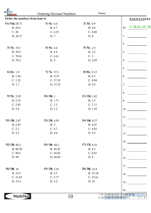 Ordering Decimal Numbers Worksheet Printable pdf