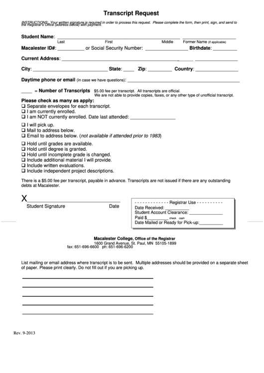 Transcript Request Form - College Printable pdf