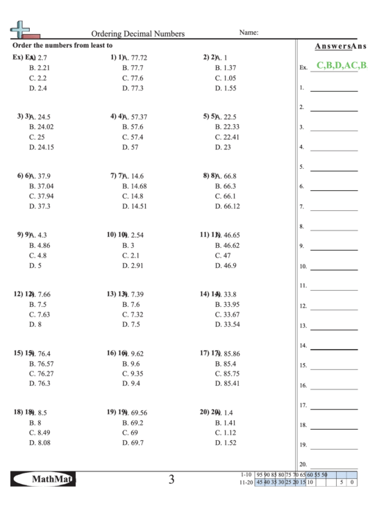 Ordering Decimal Numbers Worksheet Printable pdf