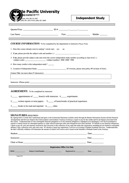 University Independent Study Registration Form Printable pdf