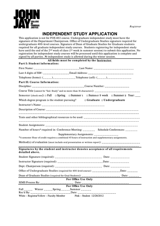 Independent Study Application Form Printable pdf