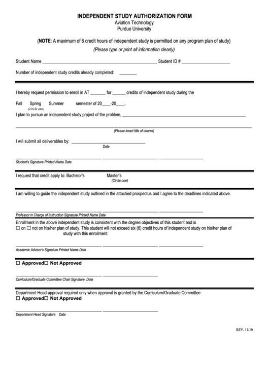Independent Study Authorization Form Printable pdf