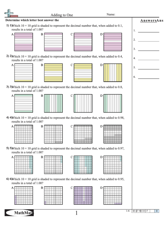 Adding To One Worksheet With Answer Key printable pdf download