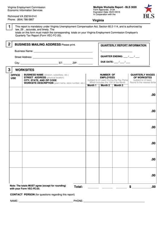 Fillable Form Bls 3020 - Multiple Worksite Report - Virginia Employment Commission Printable pdf
