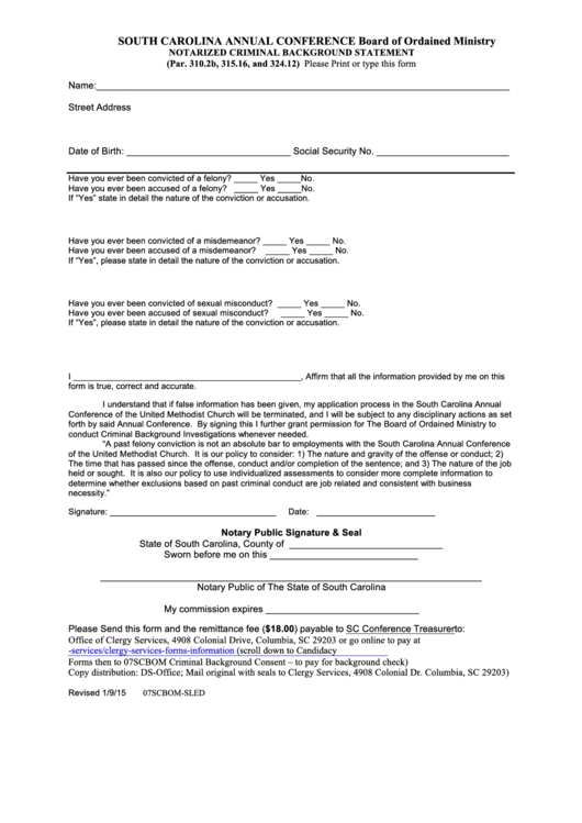 Notarized Criminal Background Statement Form - South Carolina Annual Conference Board Of Ordained Ministry