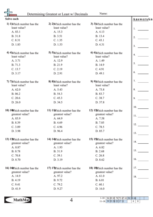 Determining Greatest Or Least W/ Decimals Worksheet Printable pdf