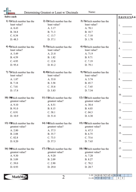 Determining Greatest Or Least W/ Decimals Worksheet Printable pdf
