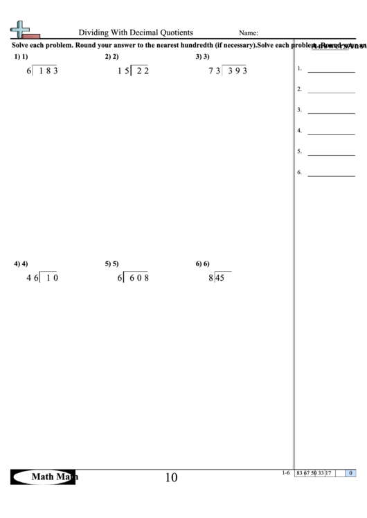 Dividing With Decimal Quotients Worksheet Printable pdf