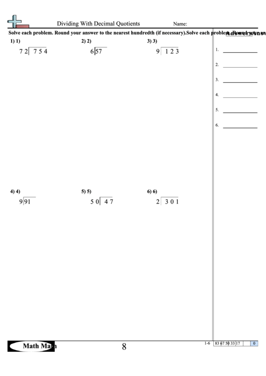 Dividing With Decimal Quotients Worksheet Printable pdf