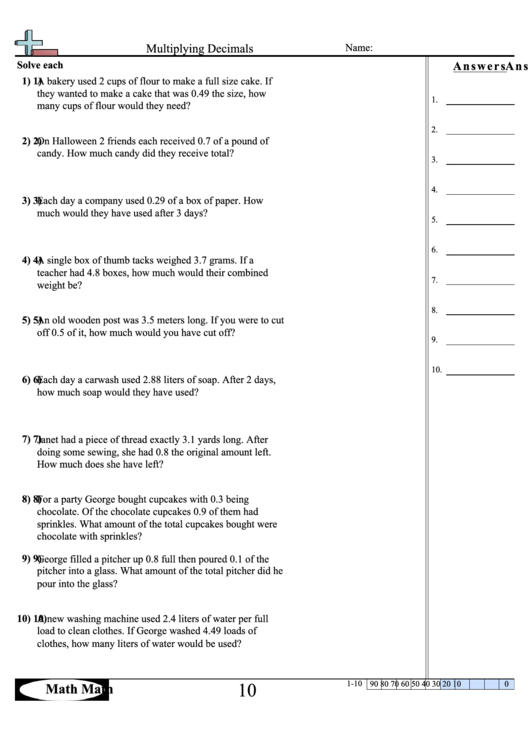 Multiplying Decimals Worksheet Printable pdf