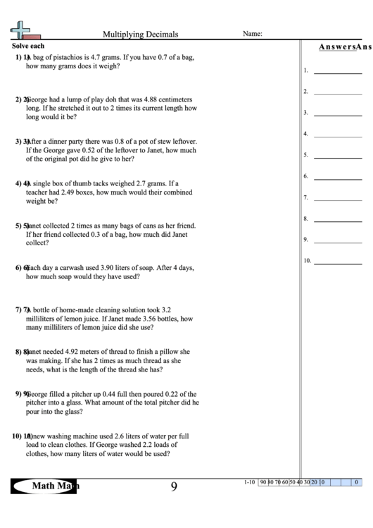 Multiplying Decimals Worksheet Printable pdf