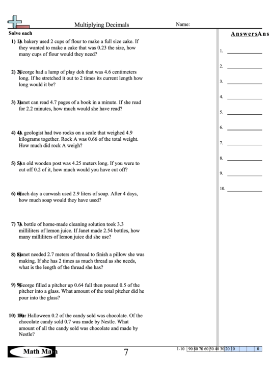 Multiplying Decimals Worksheet Printable pdf