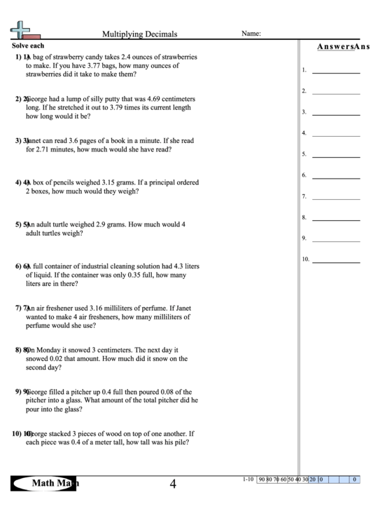 Multiplying Decimals Worksheet Printable Pdf Download