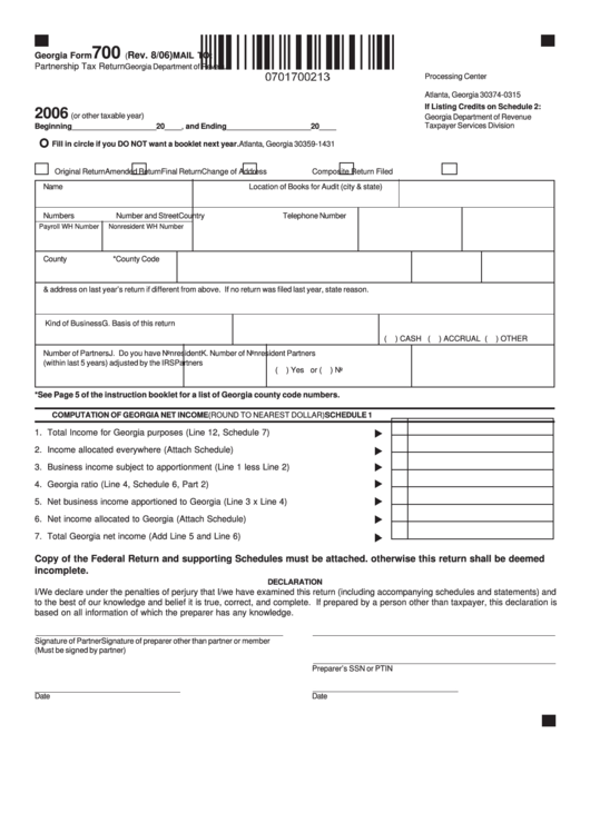 Georgia Form 700 - Partnership Tax Return - 2006 Printable pdf