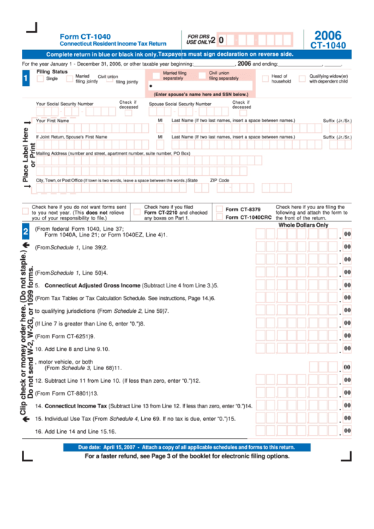Form Ct 1040 Connecticut Resident Income Tax Return 2006 Printable 