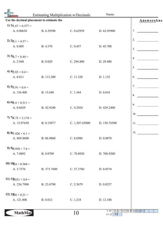 Estimating Multiplication W/decimals Worksheet Printable pdf