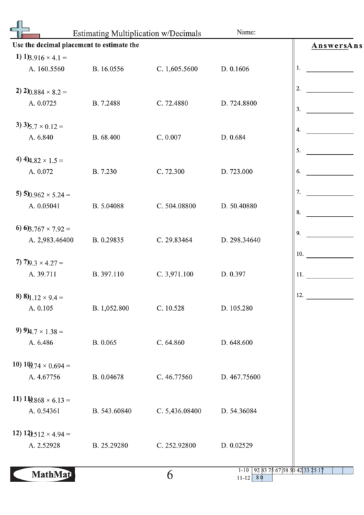 Estimating Multiplication W/decimals Worksheet Printable pdf