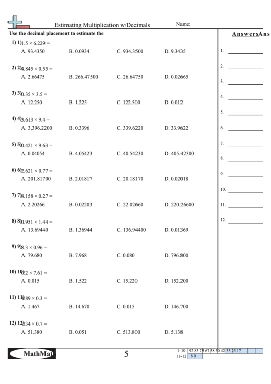 Estimating Multiplication W/decimals Worksheet Printable pdf