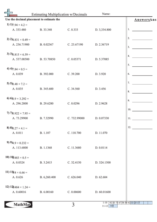 Estimating Multiplication W/decimals Worksheet Printable pdf