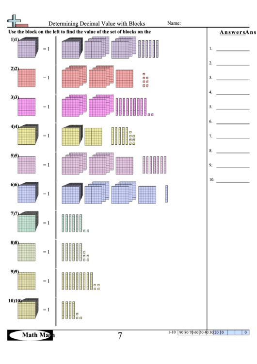 Determining Decimal Value With Blocks Worksheet With Answer Key ...