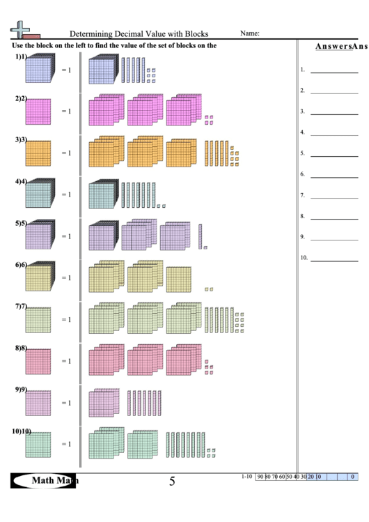 Determining Decimal Value With Blocks Worksheet With Answer Key ...