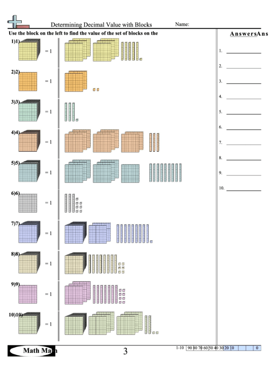 Determining Decimal Value With Blocks Worksheet With Answer Key 