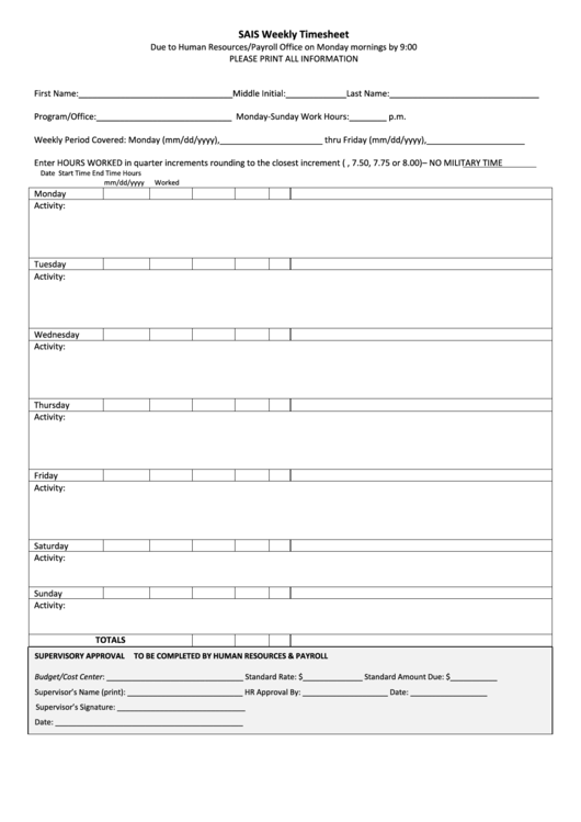 Weekly Timesheet Template Printable Pdf Download