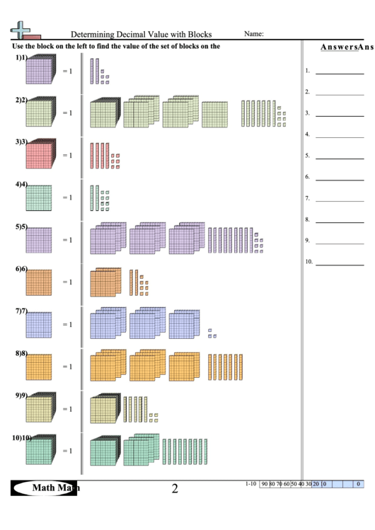 Determining Decimal Value With Blocks Worksheet With Answer Key ...