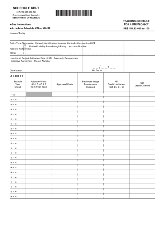 Schedule Kbi-T (Form 41a720-S55) - Attach To Schedule Kbi Or Kbi-Sp - Tracking Schedule For A Kbi Project - 2013 Printable pdf