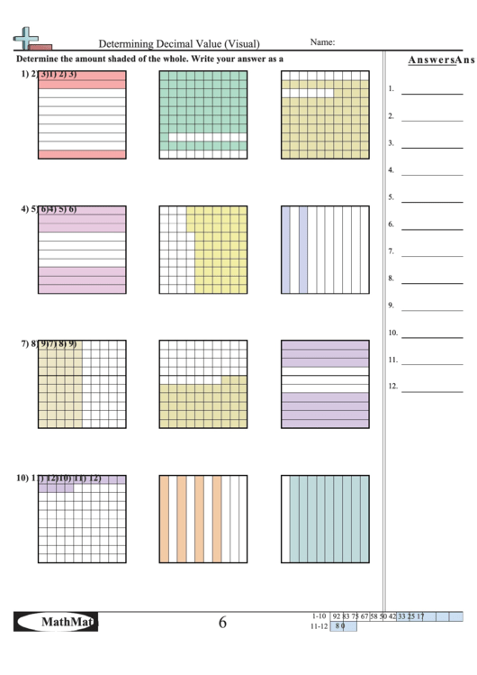 Determining Decimal Value (Visual) Worksheet With Answer Key printable