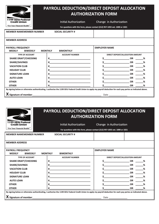 Fillable Payroll Deduction/direct Deposit Allocation Authorization Form Printable pdf