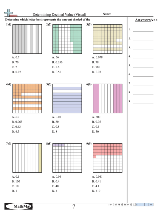 Determining Decimal Value (Visual) Worksheet Printable pdf