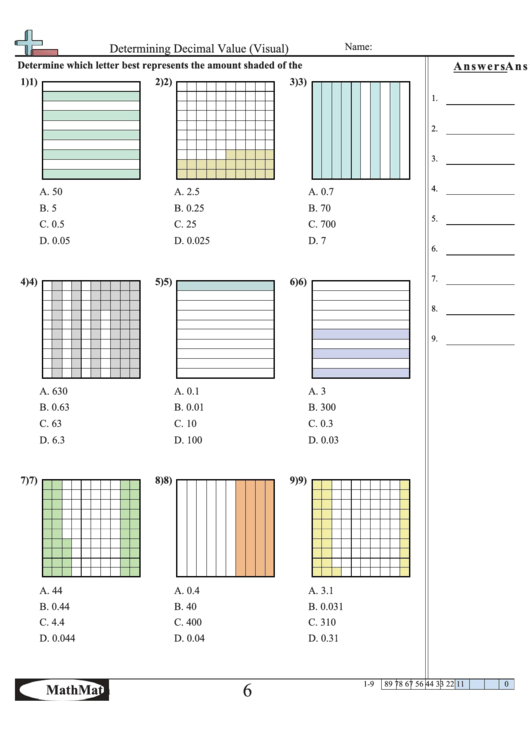 Determining Decimal Value (Visual) Worksheet Printable pdf